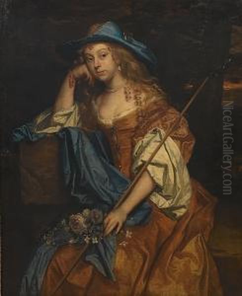 Portrait Of A Lady, 
Three-quarter-length, In A Gold Satin Dress With A Blue Wrap And A Blue 
Hat, Holding A Shepherd's Crook, Seated In A Landscape Oil Painting by Jacob Huysmans