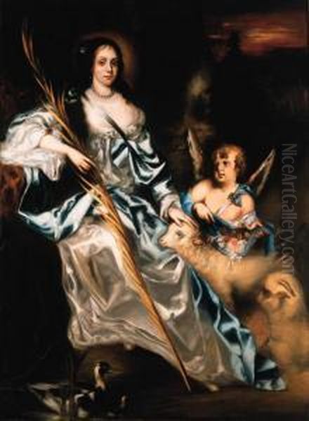 Portrait Of Queen Catherine Of 
Braganza As Saint Catherine,full-length, Holding A Palm Frond In Her 
Right Hand, Her Left Handresting On A Lamb With A Putto Strewing Flowers Oil Painting by Jacob Huysmans