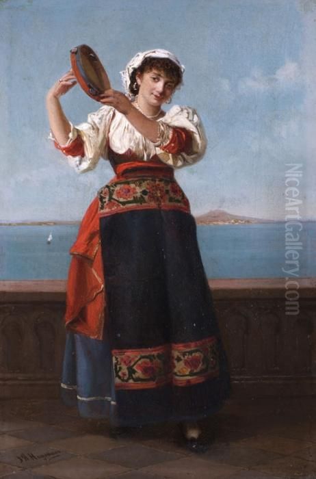 Italienerin In Napolitanischer Tracht Mit Tambourin Oil Painting by Jan Baptist Huysmans