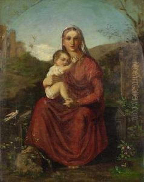 Zugeschrieben - Madonna Mit Kind In Einer Landschaft Oil Painting by Vojtech (Adalbert) Hynais