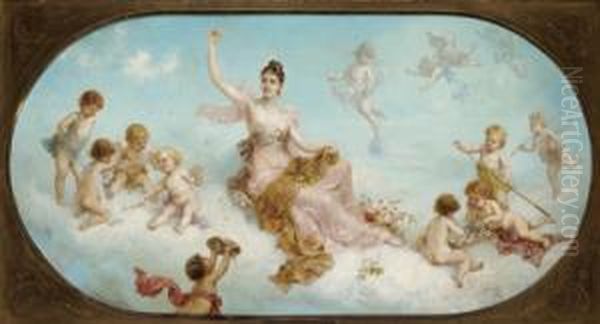 Fortuna Circondata Da Amorini Che Giocano Oil Painting by Vojtech (Adalbert) Hynais