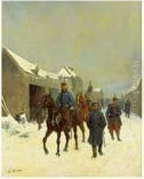 Les Militaires Sous La Neige Oil Painting by Georges-Louis Hyon