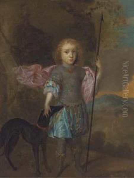 Portrait Of A Boy, Full-length, 
Holding A Spear With A Dog By Hisside, A Landscape Beyond Oil Painting by Hans Hysing