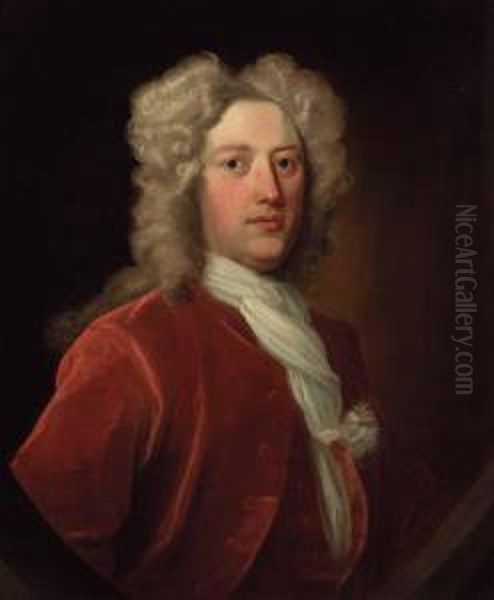 Portrait Of A Gentleman, 
Half-length, In A Brown Coat And Waistcoatand White Cravat, Feigned Oval Oil Painting by Hans Hysing