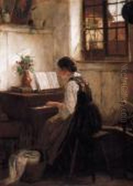 Girl Playing By The Piano Oil Painting by Gustav Karoly Igler