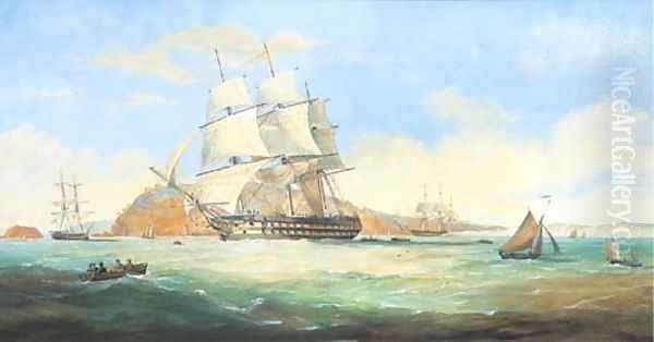 A two-decker running down Plymouth Sound with Mt. Edgcumbe beyond Oil Painting by Nicholas Condy
