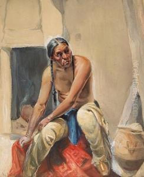 Seated Indian Oil Painting by Joseph A. Imhof