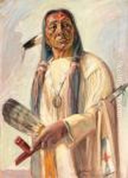 Indian With Pipe Oil Painting by Joseph A. Imhof