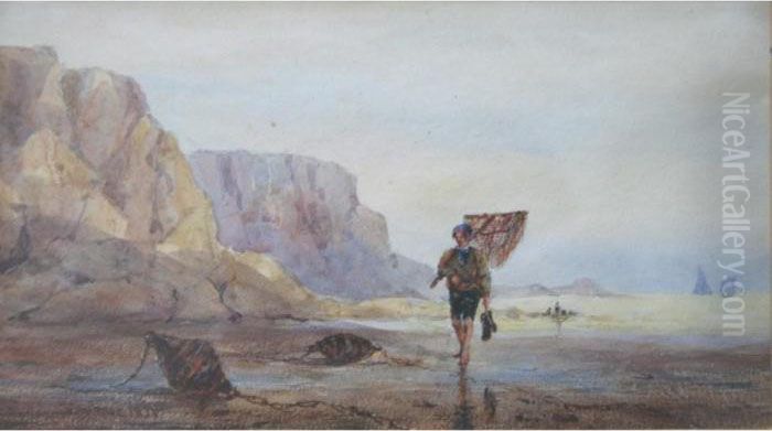 A Young Fisherman On A Beach Oil Painting by Joseph Murray Ince
