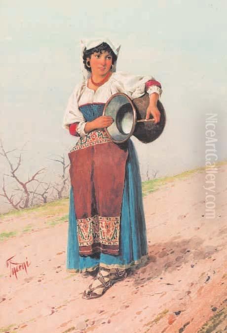 Ragazza In Costume Ciociaro Oil Painting by Filippo Indoni
