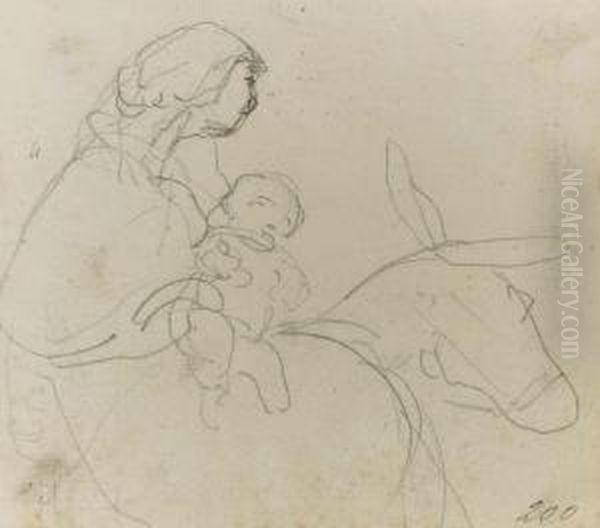 Fuga In Egitto Disegno A Penna 
Ed Inchiostro Su Carta Nocciola Chiaro Incollata Su Cartoncino Oil Painting by Domenico Induno