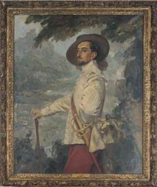 Portrait Of A Gentleman, 
Three-quarter-length, In A White Doublet And Red Breeches, In A 
Landscape Oil Painting by Thomas Tayler Ireland