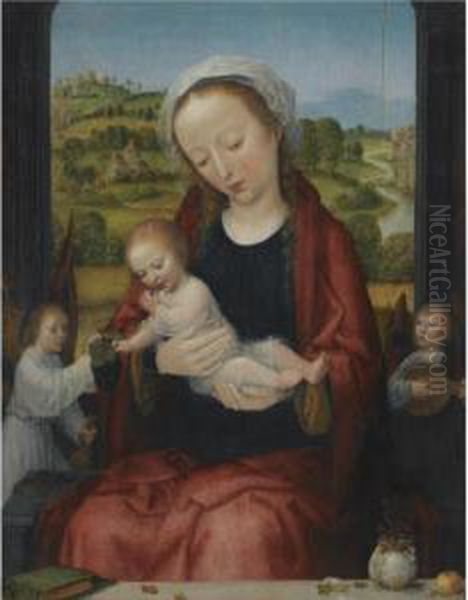 The Virgin And Child Enthroned, 
Attended By Angels Before An Open Window, An Extensive Fluvial Landscape
 Beyond Oil Painting by Adriaen Isenbrandt (Ysenbrandt)