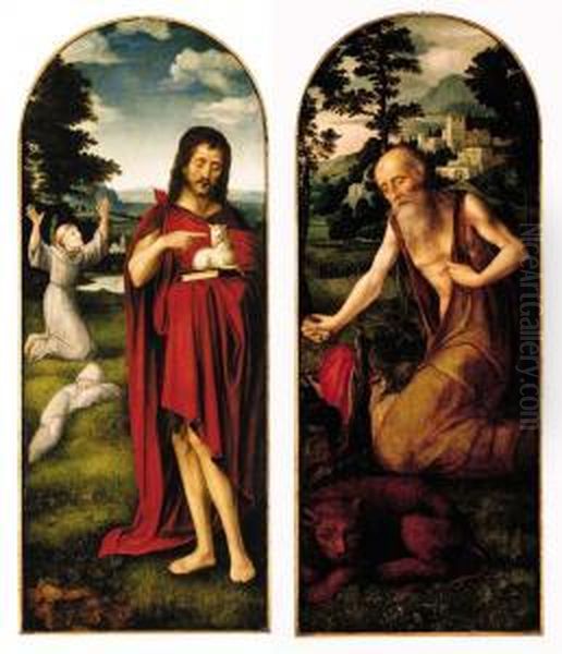 Saint John The Baptist In A 
Landscape, Saint Francis Of Assisi Beyond; And Saint Jerome In The 
Wilderness: Two Wings From An Altarpiece Oil Painting by Adriaen Isenbrandt (Ysenbrandt)