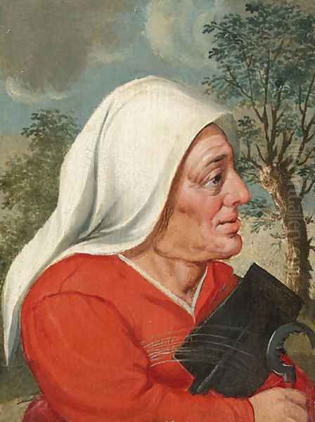 A peasant woman, half-length, with a sickle and spade Oil Painting by Marten Van Cleve