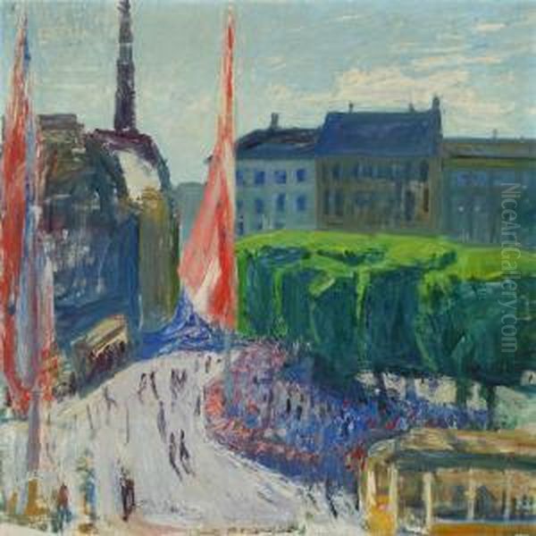A View From King'ssquare With The Royal Theatre On The Left Oil Painting by Kraesten Iversen