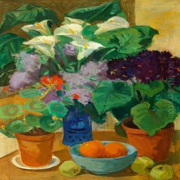 Still Life With Fruits, Geranium And Calla Lillies Oil Painting by Kraesten Iversen