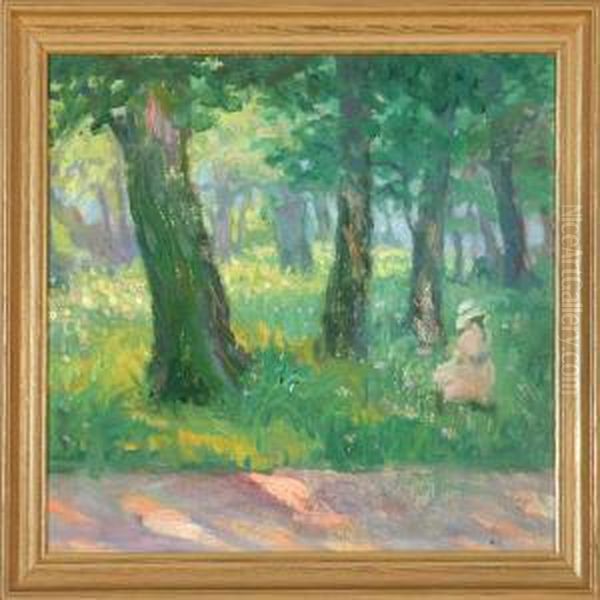 A Girl In A Forest Oil Painting by Kraesten Iversen