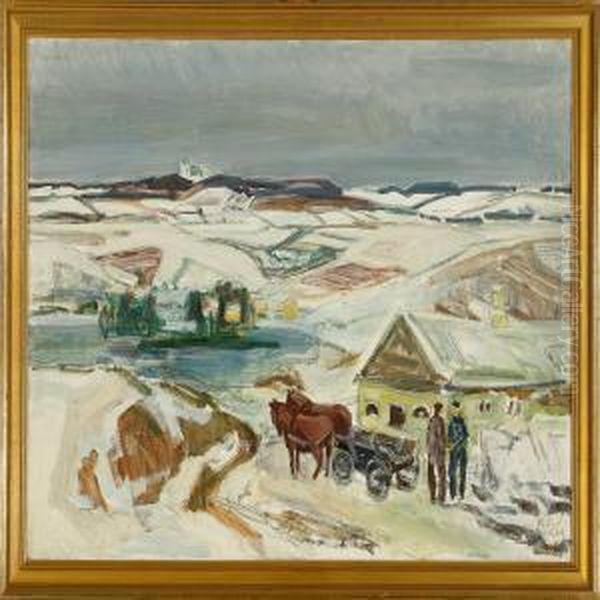 Winter Scenery With Horses, People And House Oil Painting by Kraesten Iversen