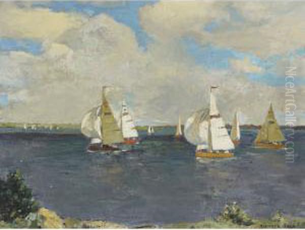 Sail Boats Off The Coast Oil Painting by Richard Jack