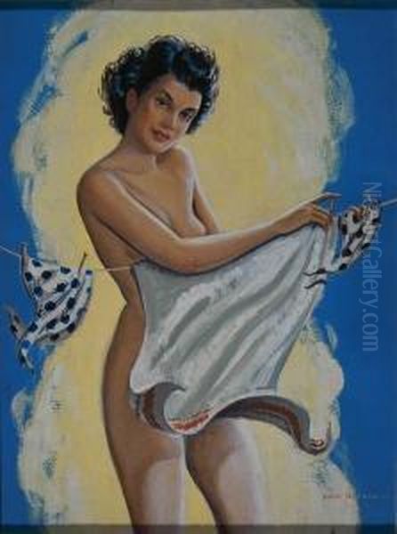 Nude Woman Hanging Clothes On Line. Oil Painting by Richard Jack