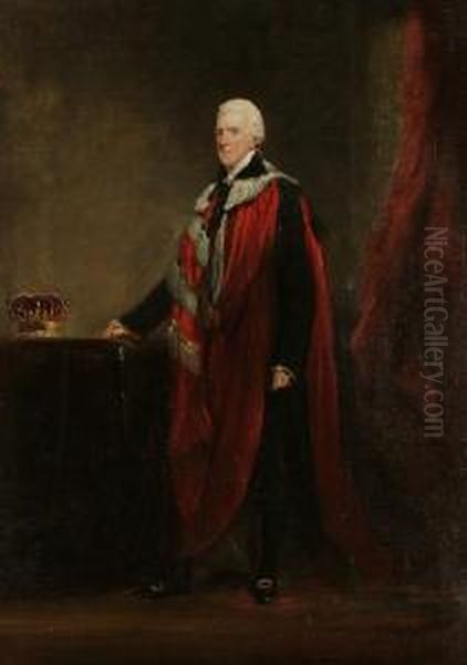 Portrait Full Length, Thought To
 Be Of The Earl Of Harewood, Wearing Ceremonial Robes, Standing Next To A
 Coronet On A Table Oil Painting by John Jackson