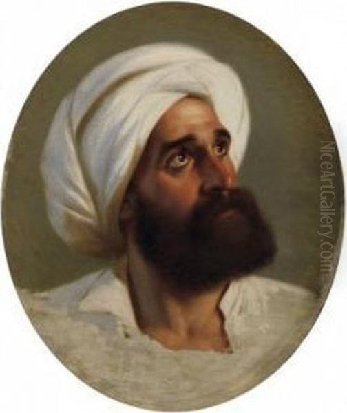 Portrait Of A Beardy Gentleman 
With White Turban. Study. Oil On Canvas. Laid Down On Cardboard. 53 X 
44cm. In Oval. Oil Painting by Paul Emil Jacobs