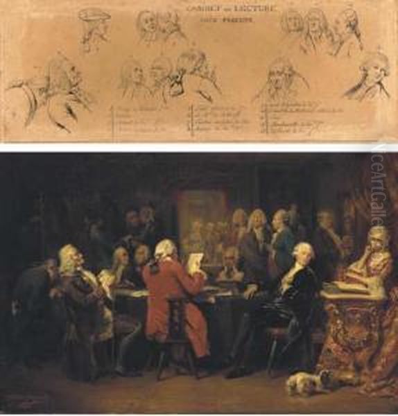 Voltaire Au Cabinet De Lecture 
Chez Procope; And Les Figures Principales Du Cabinet - A Study Oil Painting by Claude Jacquand