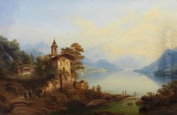 Sehr Fein Lasierend Gemalte Und 
Detailreiche, Atmospharisch Gestimmte Ansicht Des Idyllischen Sees Mit 
Pittoresker Kapelle. Motivtypisches Spatromantisches Werk Des Kunstlers,
 Der Durch Virtuos Nuancierte Farb- Und Helligkeitswerte Mit Sich 
Verfar Oil Painting by Heinrich Jaeckel