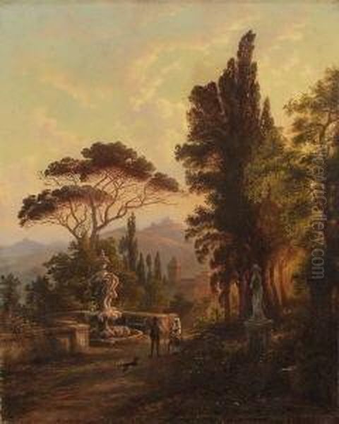 Sudliche Landschaft Mit Brunnen
 Und Figurengruppe Im Abendlicht. Oil Painting by Heinrich Jaeckel