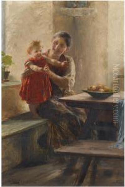 Mother And Child Oil Painting by Georg Jakobides