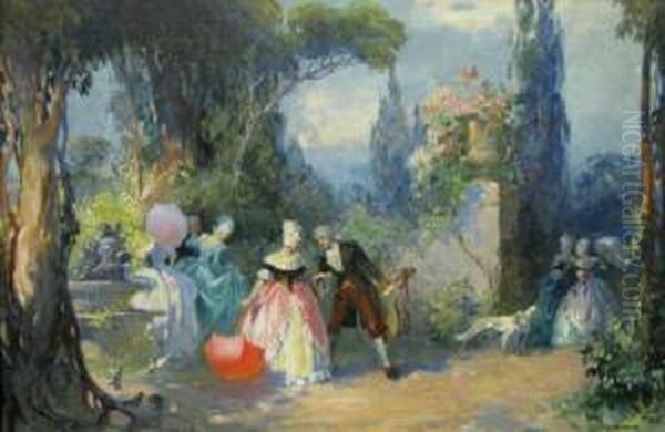 Figures In Classic Attire In Out Door Garden Oil Painting by Lajos, Louis Jambor