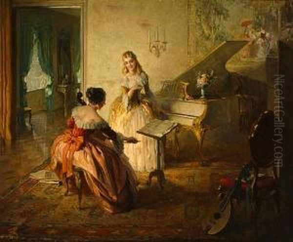 A Musical Interlude Oil Painting by Lajos, Louis Jambor