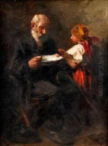 Starec A Dievca Oil Painting by Lajos, Louis Jambor