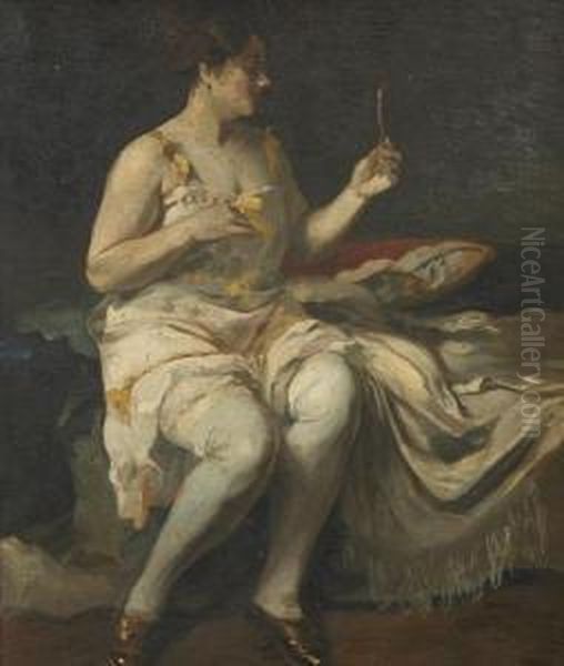 A Woman In Her Bedroom Oil Painting by Lajos, Louis Jambor