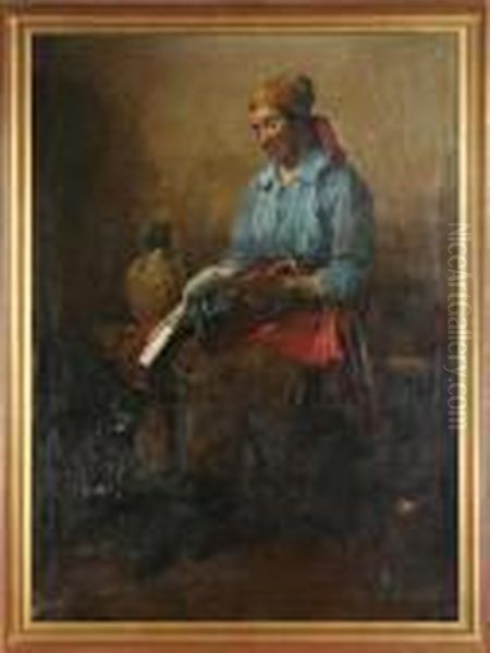 E, Ungern : Bondkvinna I Koksinterior, Signerad Jamor Oil Painting by Lajos, Louis Jambor