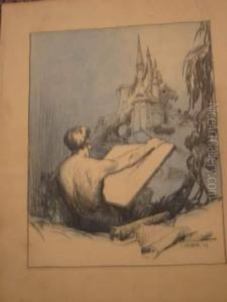 Seated Man Drawing Oil Painting by Lajos, Louis Jambor
