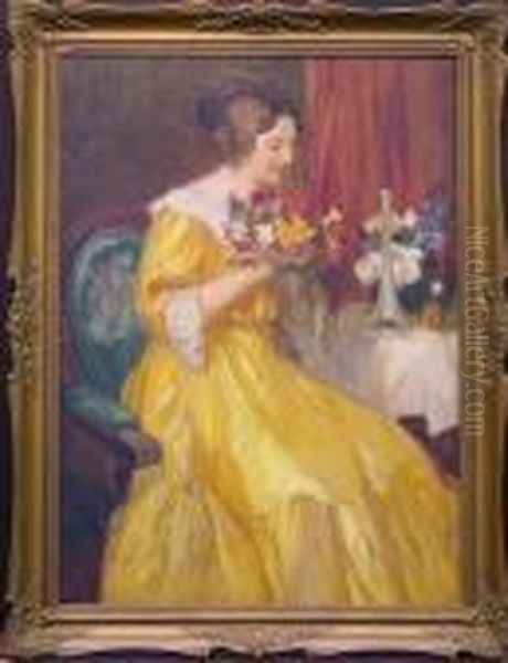 Woman With Flowers Oil Painting by Lajos, Louis Jambor