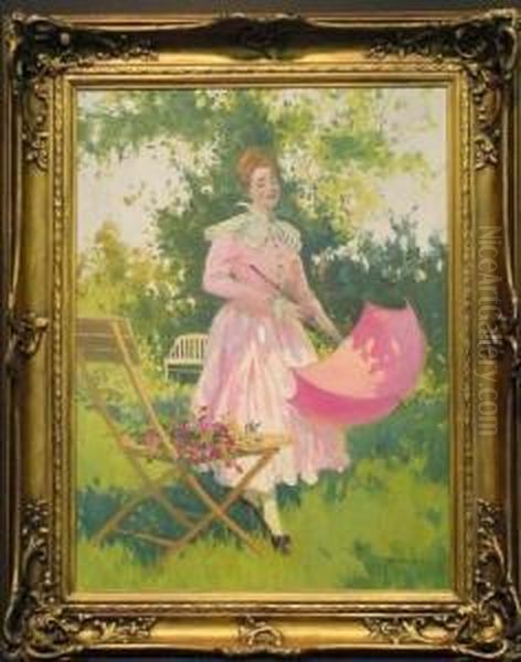 Woman With Parasol Oil Painting by Lajos, Louis Jambor