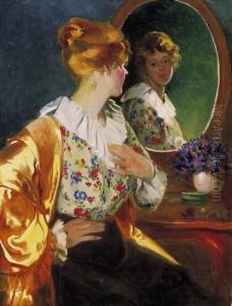 In Front Of A Mirror Oil Painting by Lajos, Louis Jambor