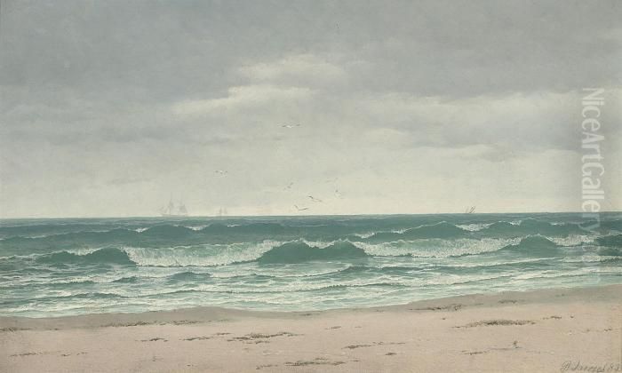 Low Tide, A Clipper In The Distance Oil Painting by David James