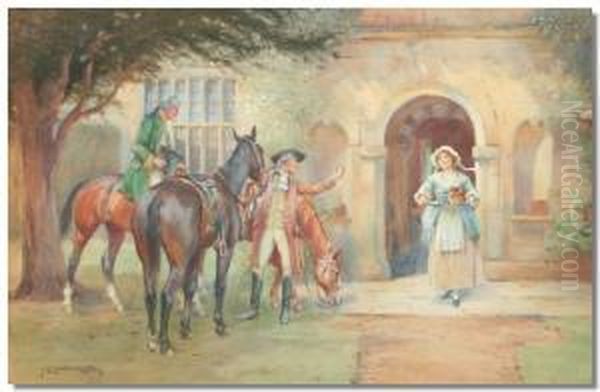 J. Sanderson Wells, Maid 
Servantcarrying Refreshments To Horsemen Outside A Country Mansion Oil Painting by John Wells James