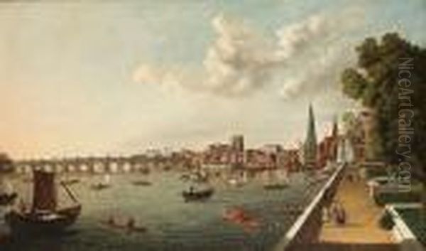 The Thames At Westminster With 
Old Westminster Bridge And The Shot Tower From The Terrace Of Somerset 
House, London Oil Painting by William James