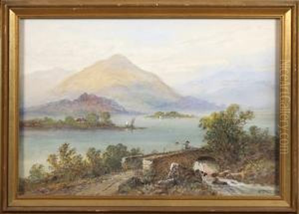 Lake Scene With Stone Bridge And Figure In Foreground Oil Painting by Frances E. Jamieson