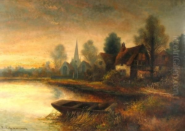An English River Landscape With A
 Church In The Distance; An English River Landscape With Thatched 
Cottages (a Pair) Oil Painting by Frances E. Jamieson
