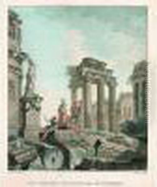 Vestiges D'un Temple De La Grece
 - Les Restes D'un Palais Egyptien. Deux Pendants D'apres J.p.pannini. 
(inv. Fonds Francais 243) Sujet : 290 X 245. Oil Painting by Jean-Francois Janinet
