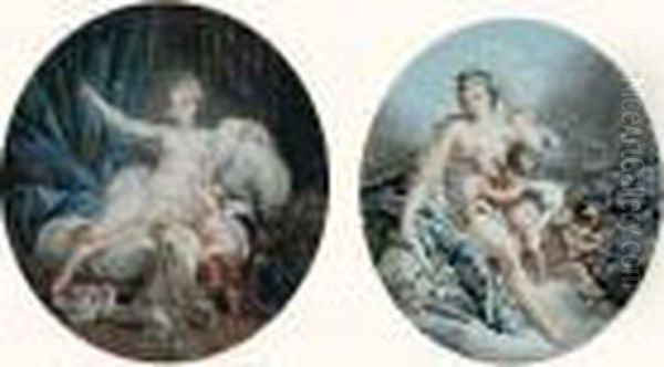 L'amour Rendant Hommage A Sa 
Mere ; Venus Desarmant L'amour. Deux Pieces Formant Pendants. Sujets 
Ovales Sur Cuivres Rectangulaires. Oil Painting by Jean-Francois Janinet