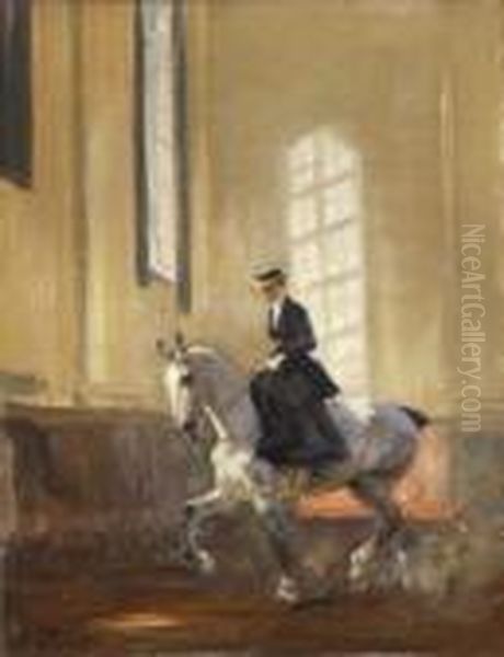 Dame Zu Pferd In Der
 Reithalle Oil Painting by Angelo Jank