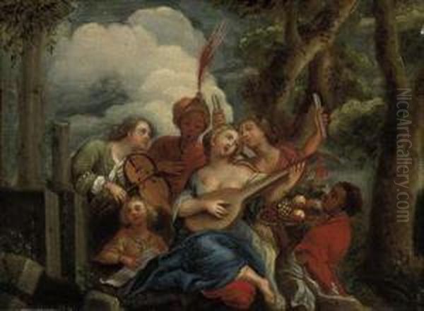 Figures Making Music In A Landscape Beside Classical Ruins Oil Painting by Frans Christoph Janneck