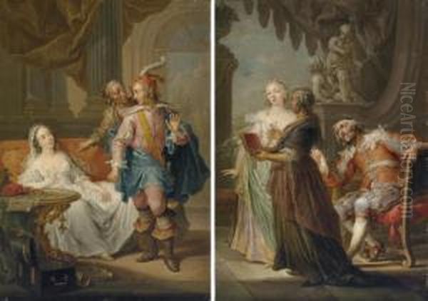 An Elegant Couple With An Old 
Maid In An Interior; And An Elegant Couple With An Old Maid In An 
Exterior Oil Painting by Frans Christoph Janneck